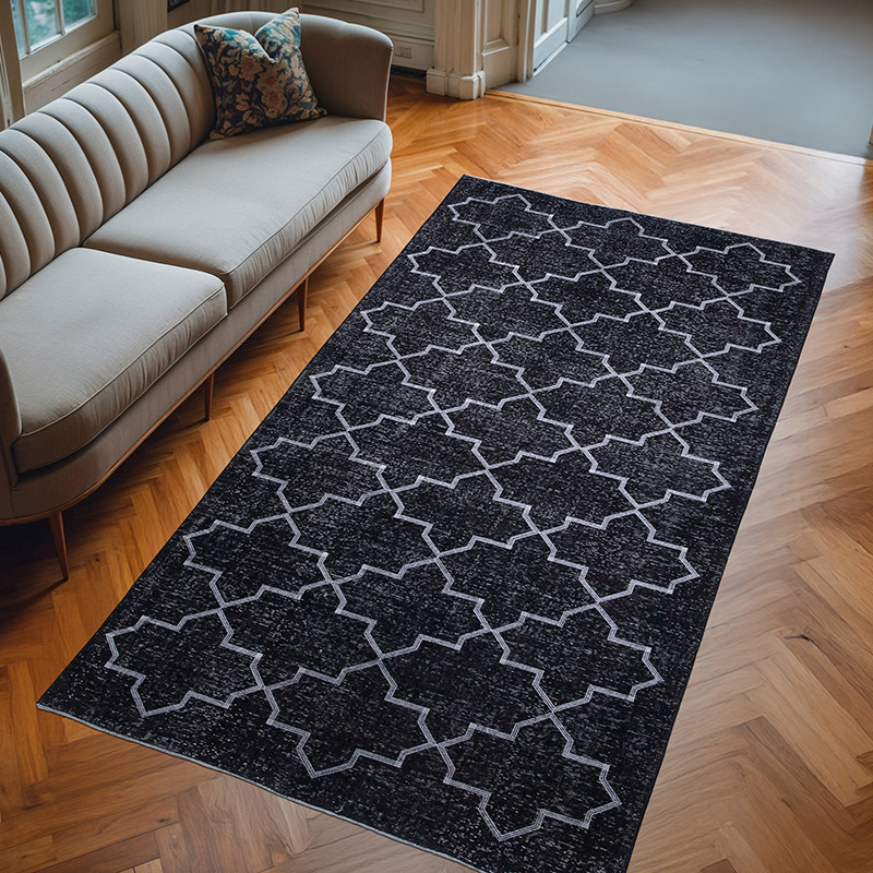 Siyah İşlemeli ve Boyalı El Dokuma Vintage Halı - 159 cm x 295 cm - K0038740