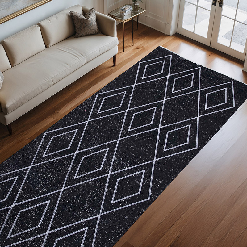 Negro Alfombra Turca bordada sobre teñida vintage - 152 cm x 331 cm - K0038741