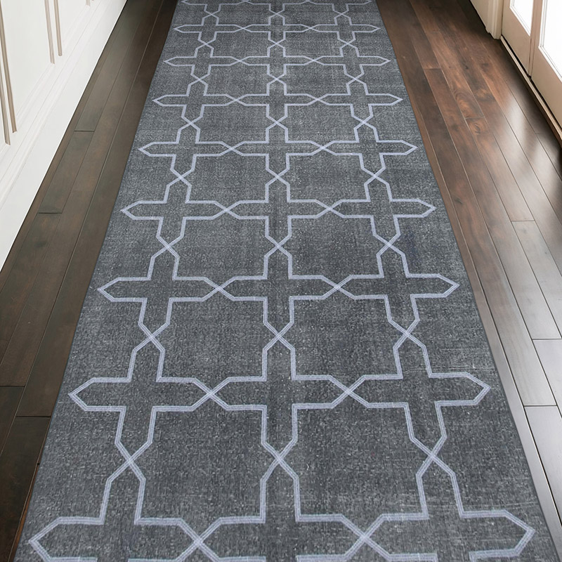 Gris Alfombra Turca bordada sobre teñida vintage - 142 cm x 395 cm - K0038742