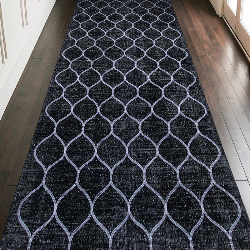 Negro Alfombra Turca bordada sobre teñida vintage - 148 cm x 385 cm - K0038743