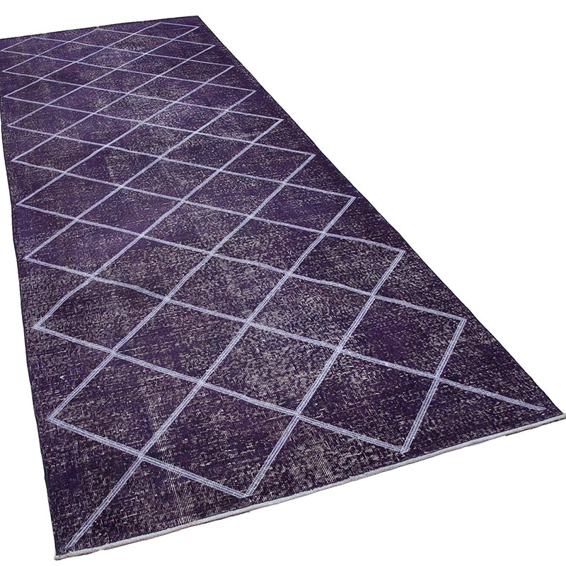 Mor İşlemeli ve Boyalı El Dokuma Vintage Halı - 143 cm x 390 cm - K0038746