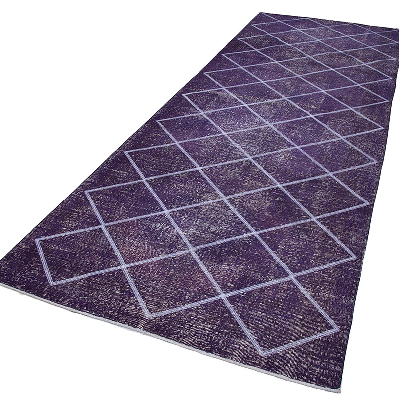 Mor İşlemeli ve Boyalı El Dokuma Vintage Halı - 143 cm x 390 cm - K0038746
