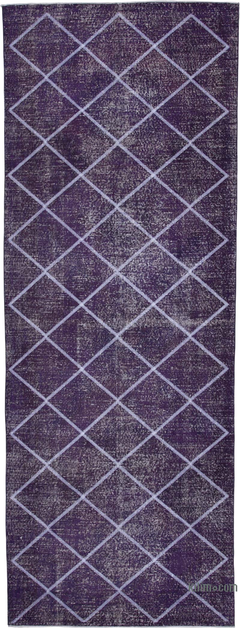 Mor İşlemeli ve Boyalı El Dokuma Vintage Halı - 143 cm x 390 cm - K0038746