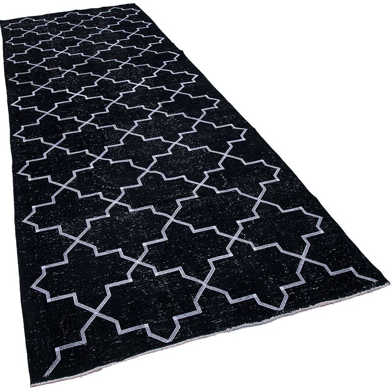 Siyah İşlemeli ve Boyalı El Dokuma Vintage Halı - 143 cm x 386 cm - K0038755