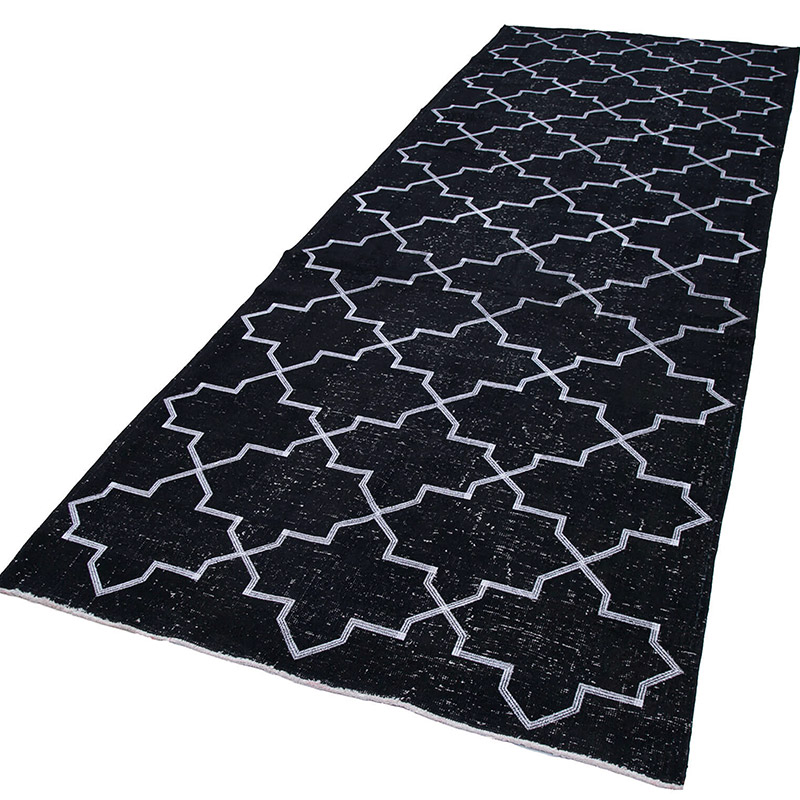Siyah İşlemeli ve Boyalı El Dokuma Vintage Halı - 143 cm x 386 cm - K0038755
