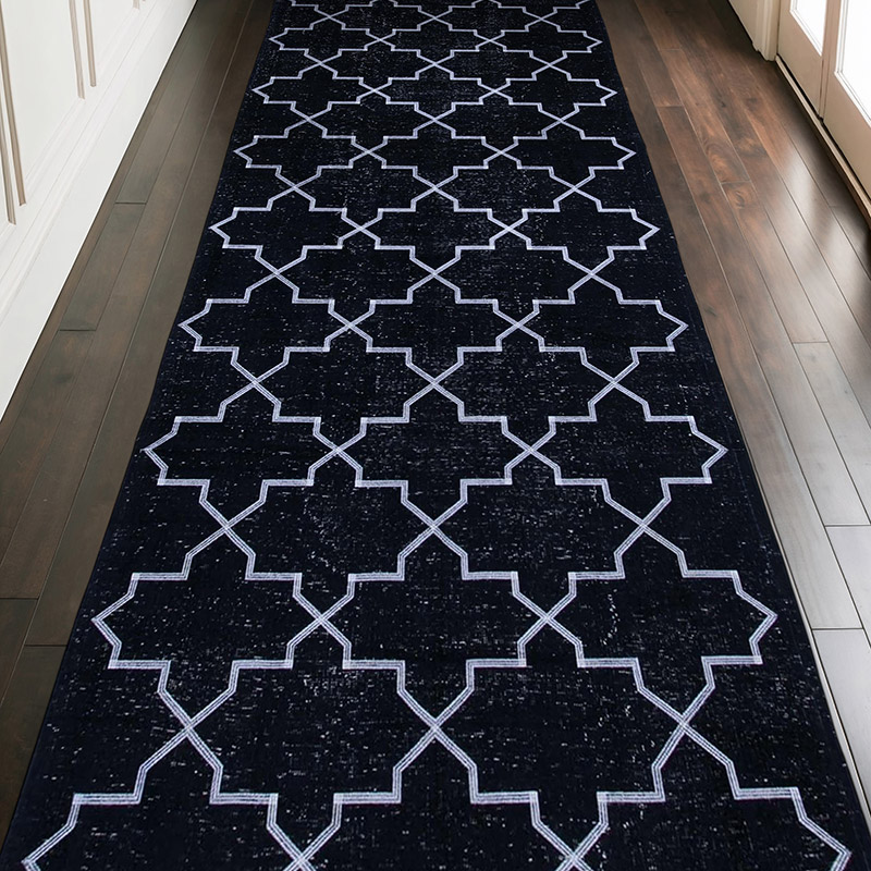 Siyah İşlemeli ve Boyalı El Dokuma Vintage Halı - 143 cm x 386 cm - K0038755