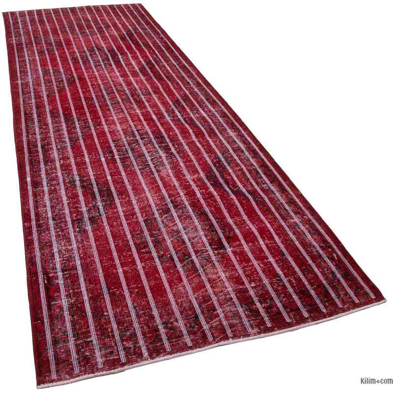 Red Embroidered Over-dyed Turkish Vintage Runner - 4' 7" x 13'  (55" x 156") - K0038758