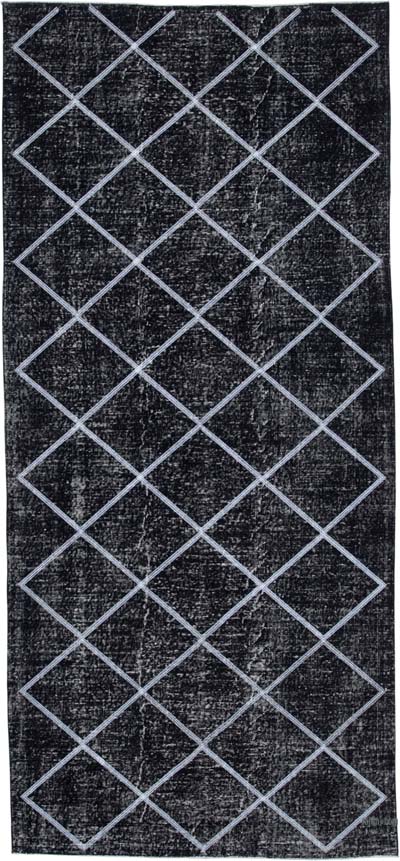 Siyah İşlemeli ve Boyalı El Dokuma Vintage Halı - 143 cm x 317 cm