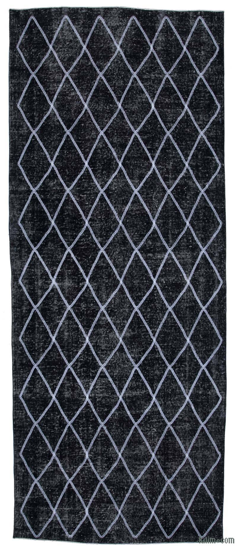 Siyah İşlemeli ve Boyalı El Dokuma Vintage Halı - 147 cm x 367 cm - K0038768