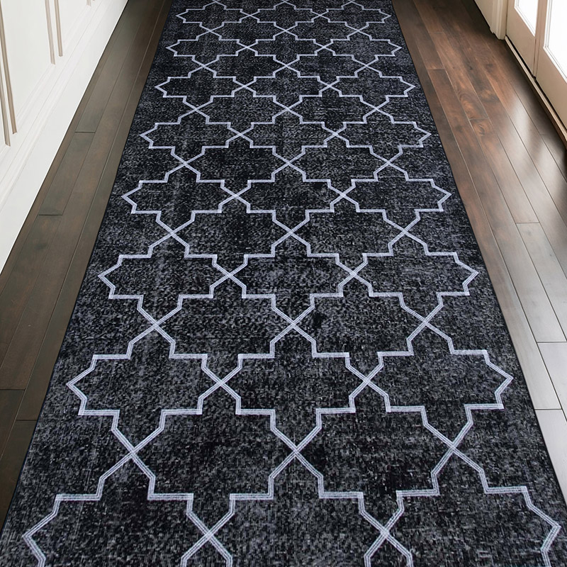 Negro Alfombra Turca bordada sobre teñida vintage - 146 cm x 375 cm - K0038771