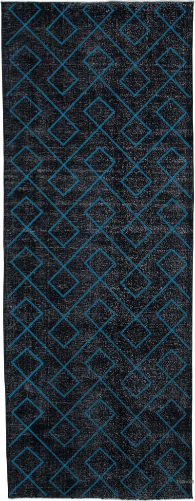 Negro Alfombra Turca bordada sobre teñida vintage - 149 cm x 396 cm
