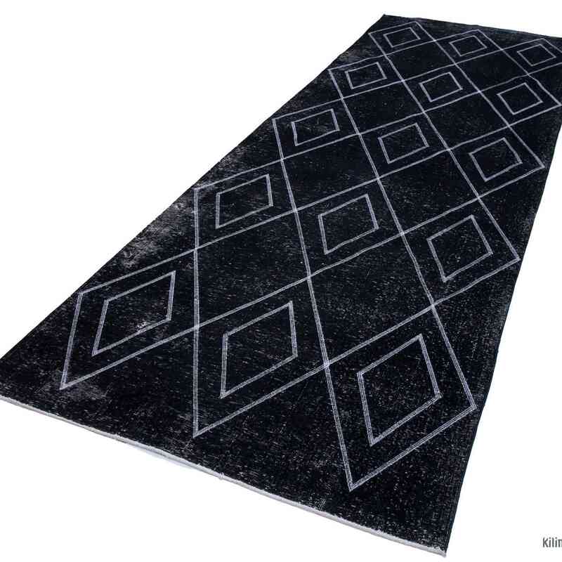 Negro Alfombra Turca bordada sobre teñida vintage - 143 cm x 420 cm - K0038781