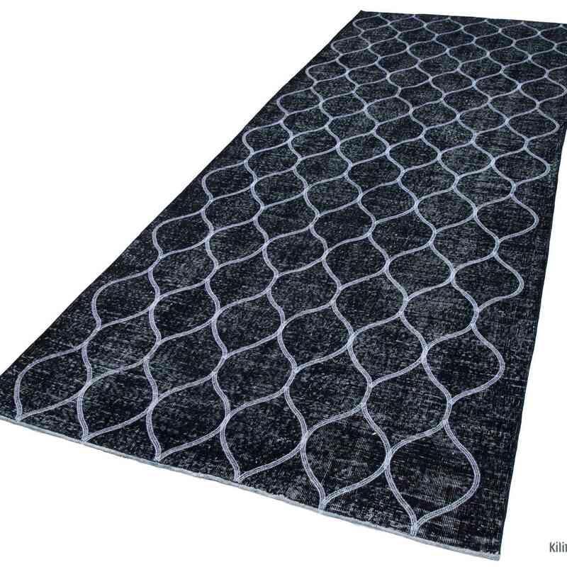 Negro Alfombra Turca bordada sobre teñida vintage - 141 cm x 358 cm - K0038782