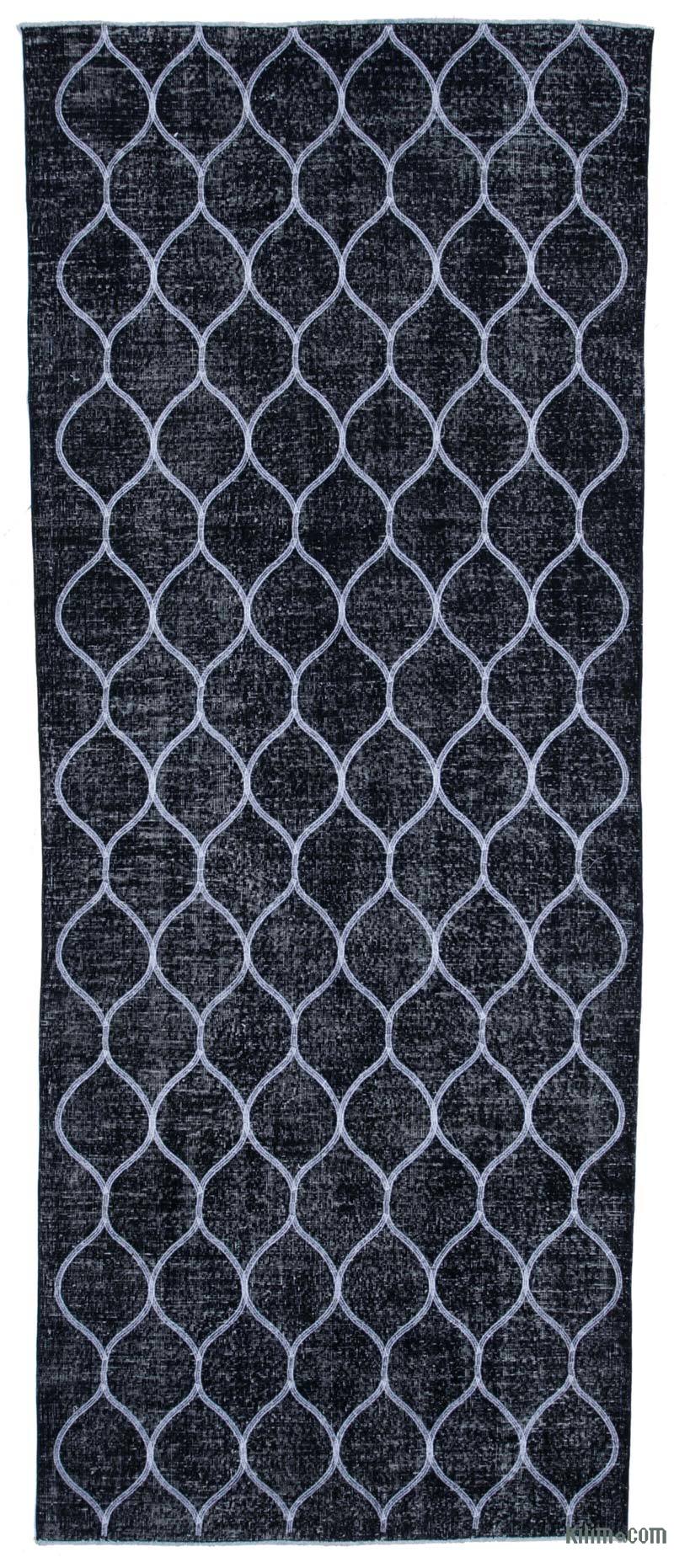 Negro Alfombra Turca bordada sobre teñida vintage - 141 cm x 358 cm - K0038782