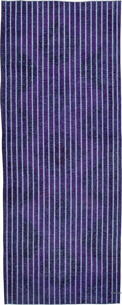 Mor İşlemeli ve Boyalı El Dokuma Vintage Halı - 146 cm x 372 cm