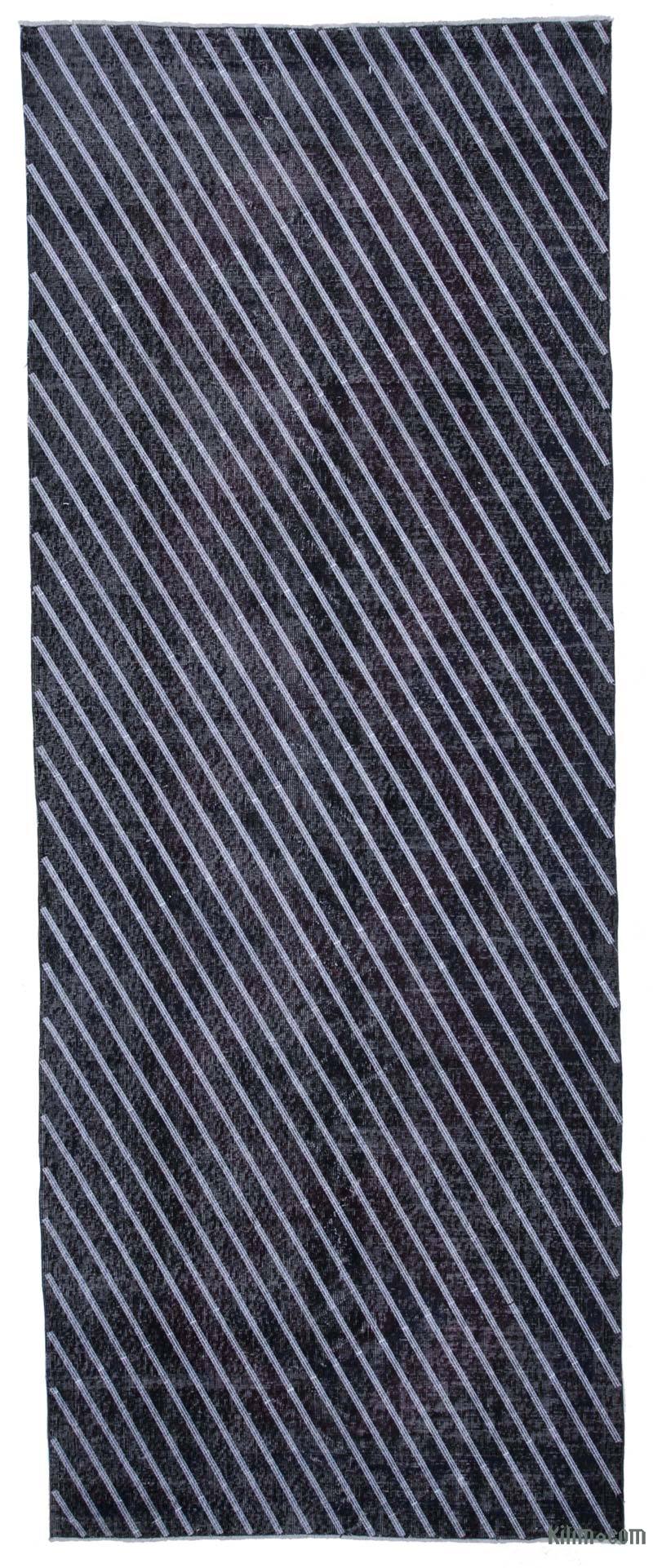 Siyah İşlemeli ve Boyalı El Dokuma Vintage Halı - 141 cm x 370 cm - K0038792