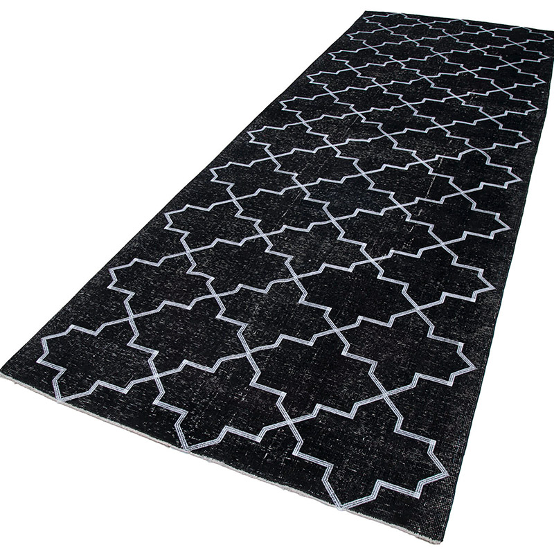 Negro Alfombra Turca bordada sobre teñida vintage - 145 cm x 400 cm - K0038796