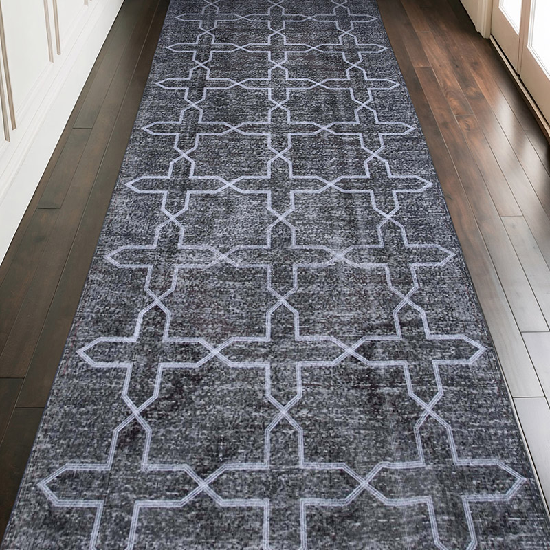 Gri İşlemeli ve Boyalı El Dokuma Vintage Halı - 147 cm x 387 cm - K0038801