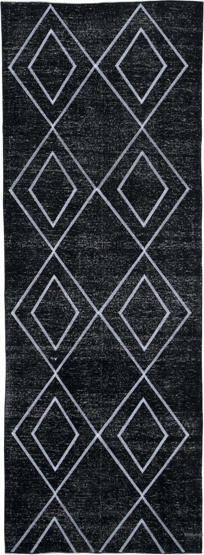 Siyah İşlemeli ve Boyalı El Dokuma Vintage Halı - 129 cm x 361 cm