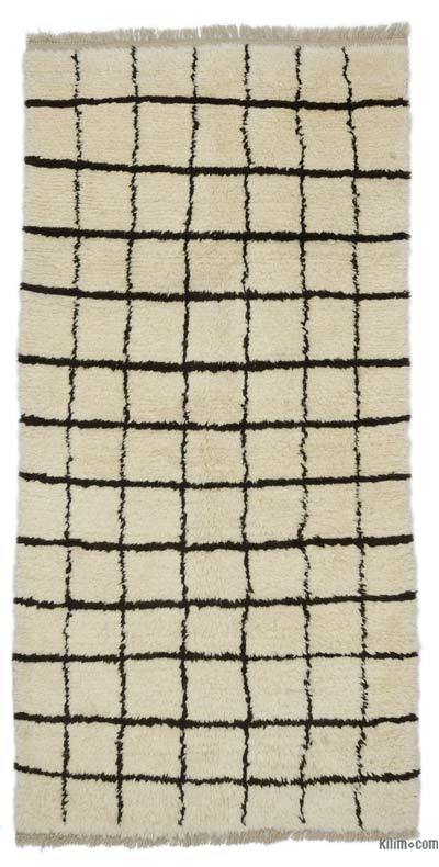 Beige, Brown New Moroccan Style Hand-Knotted Tulu Rug - 3' 9" x 7' 7" (45" x 91")