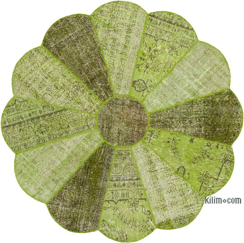 Yeşil Yuvarlak Boyalı Patchwork Halı - 201 cm x 201 cm - K0039395