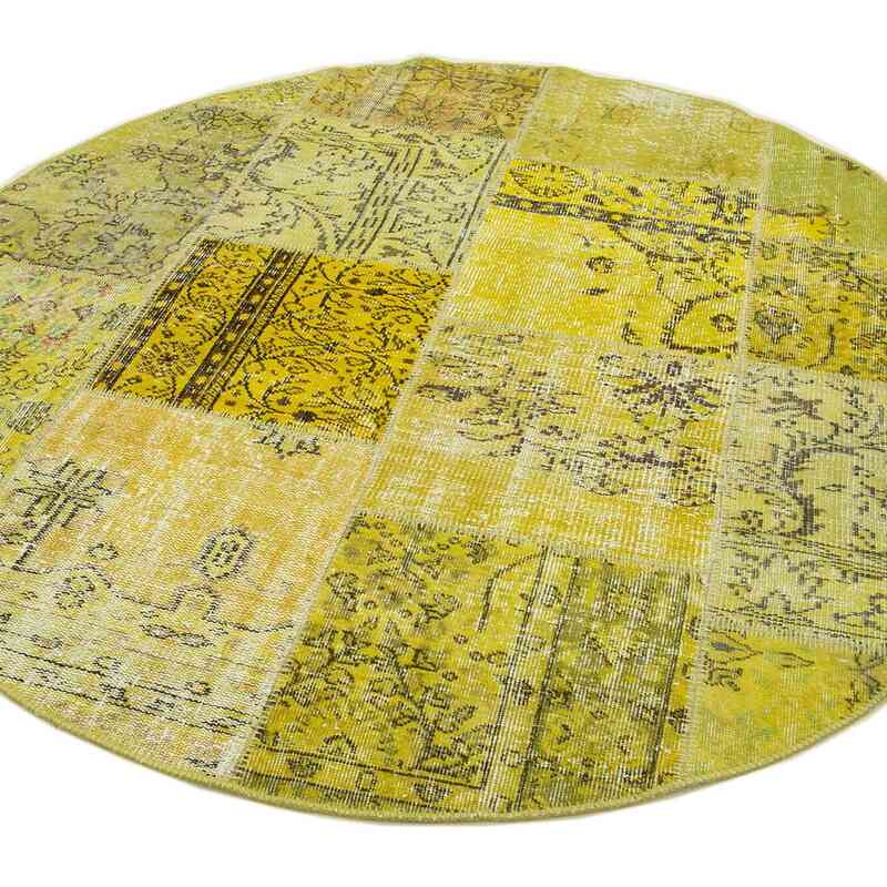 Yellow Round Patchwork Hand-Knotted Turkish Rug - 6' 5" x 6' 5" (77" x 77") - K0039406