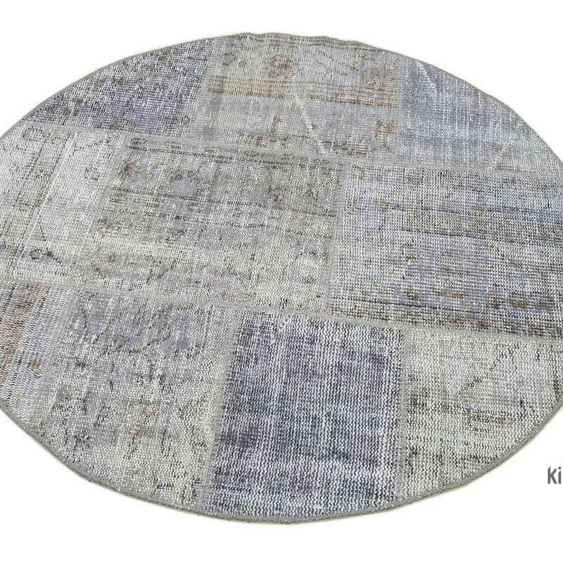 Grey Round Patchwork Hand-Knotted Turkish Rug - 3' 9" x 3' 9" (45" x 45") - K0039410