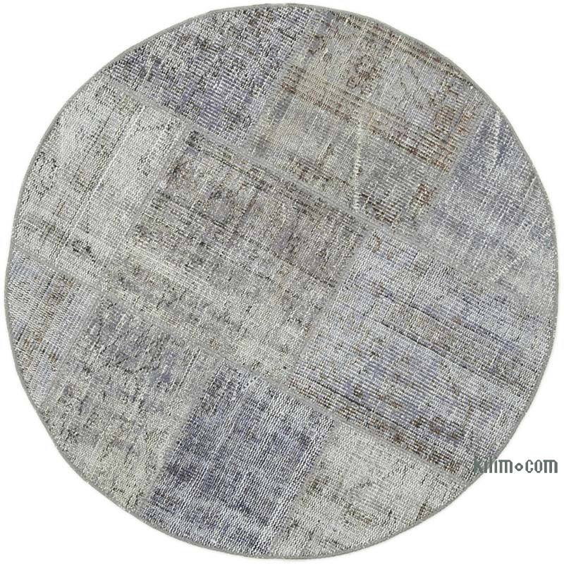 Grey Round Patchwork Hand-Knotted Turkish Rug - 3' 9" x 3' 9" (45" x 45") - K0039410