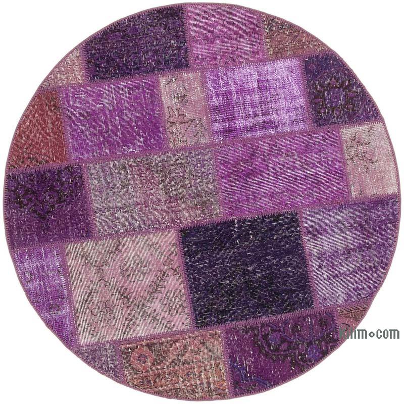 Purple Round Patchwork Hand-Knotted Turkish Rug - 4' 9" x 4' 9" (57" x 57") - K0039411