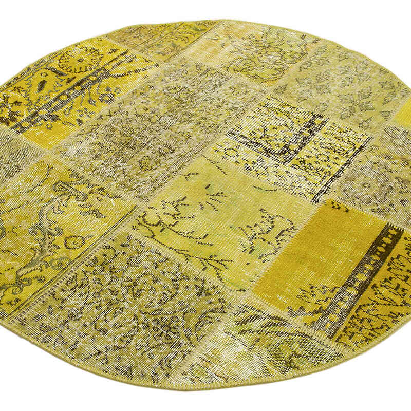 Sarı Yuvarlak Boyalı Patchwork Halı - 151 cm x 151 cm - K0039428