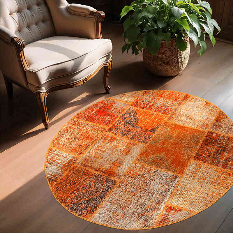 Turuncu Yuvarlak Boyalı Patchwork Halı - 150 cm x 150 cm - K0039429