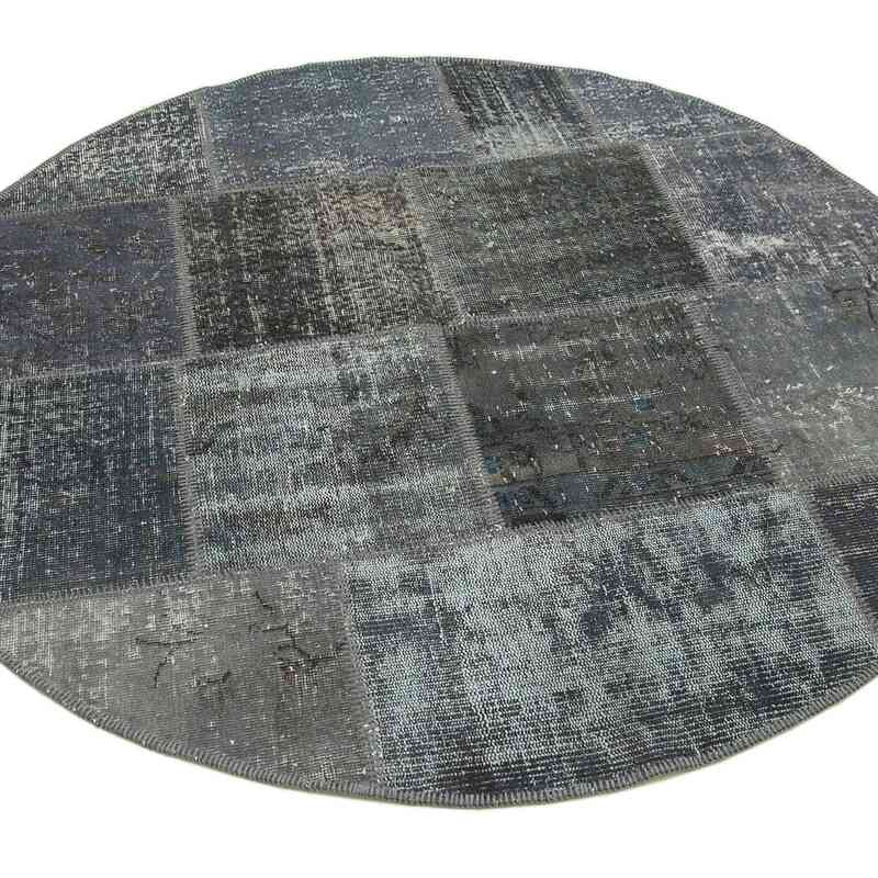 Grey Round Patchwork Hand-Knotted Turkish Rug - 5'  x 5'  (60" x 60") - K0039465