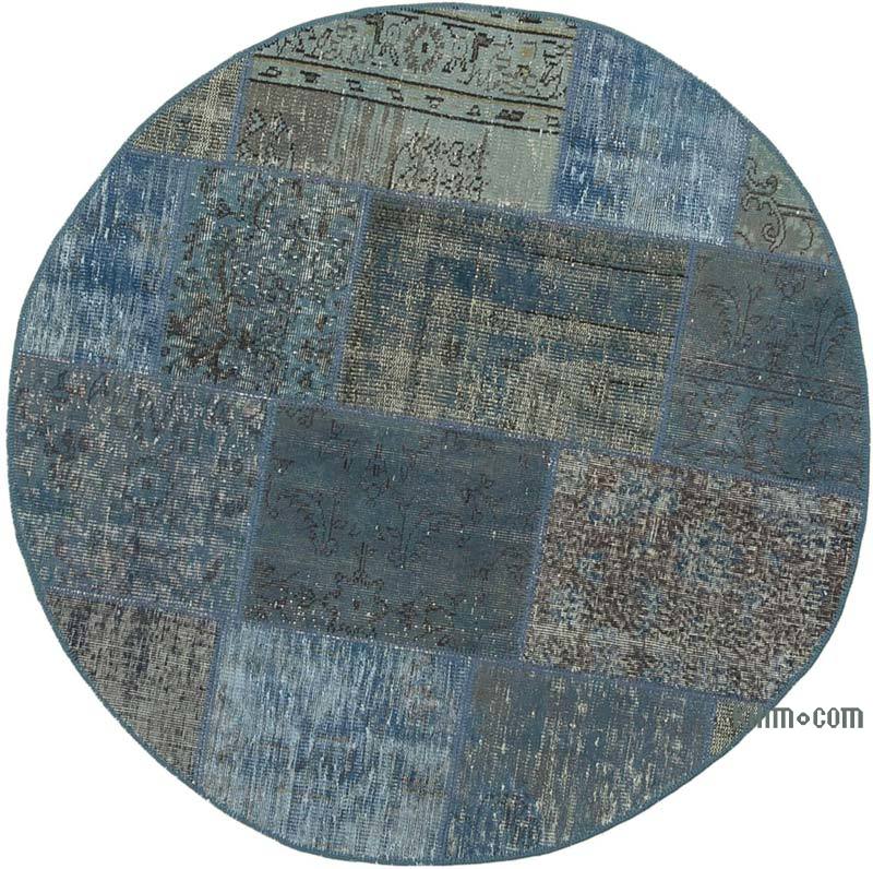 Blue Round Patchwork Hand-Knotted Turkish Rug - 5' 1" x 5' 1" (61" x 61") - K0039466