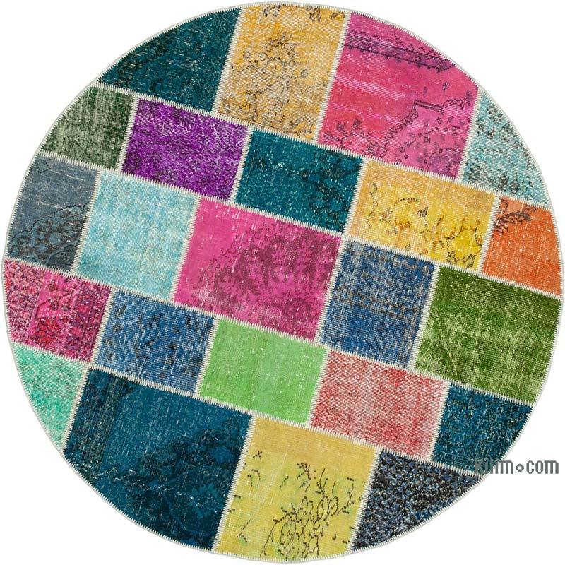 Multicolor Round Patchwork Hand-Knotted Turkish Rug - 6' 4" x 6' 4" (76" x 76") - K0039470