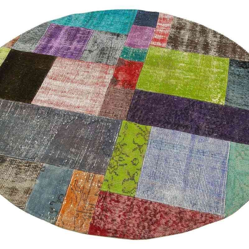 Multicolor Round Patchwork Hand-Knotted Turkish Rug - 4' 11" x 4' 11" (59" x 59") - K0039492