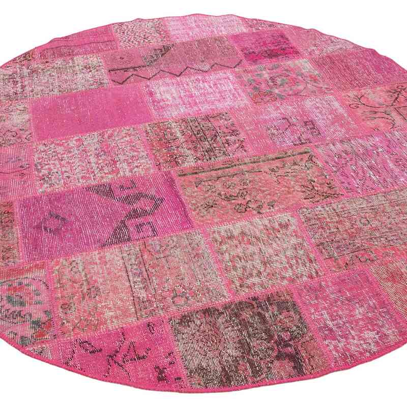 Pink Round Patchwork Hand-Knotted Turkish Rug - 6' 6" x 6' 6" (78" x 78") - K0039502