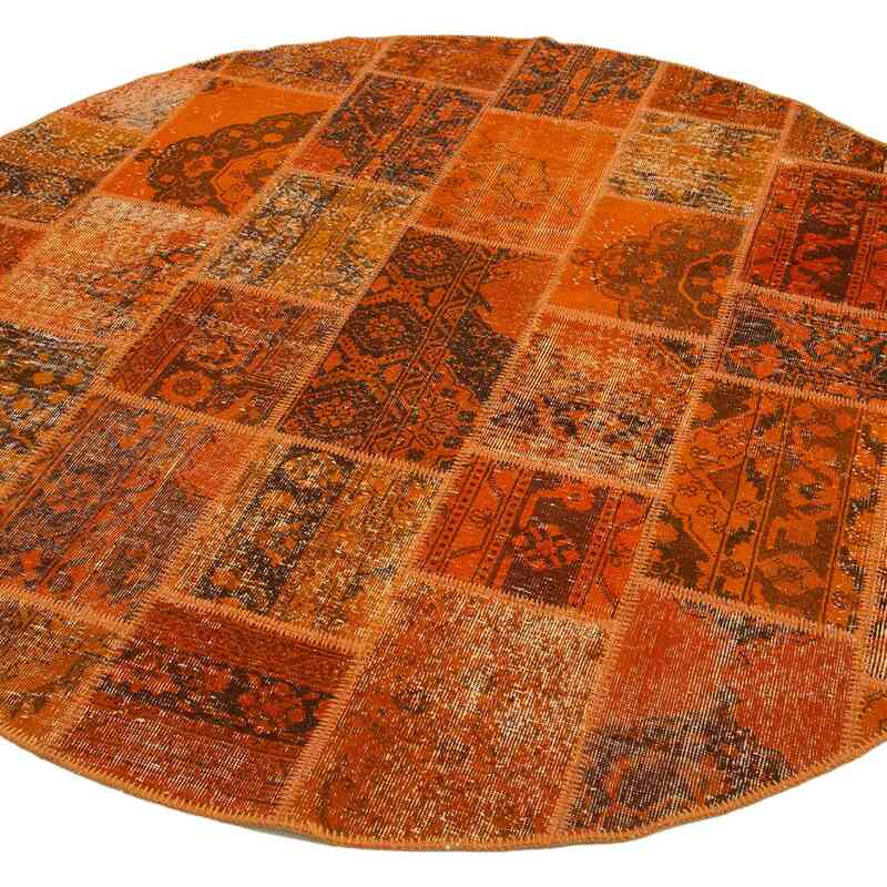 Orange Round Patchwork Hand-Knotted Turkish Rug - 6' 7" x 6' 7" (79" x 79") - K0039504