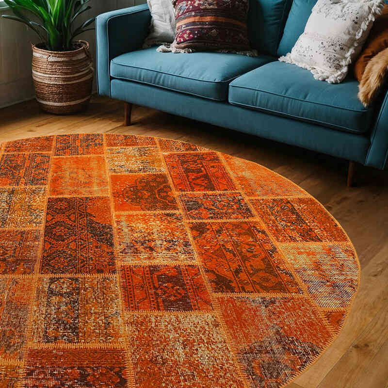 Orange Round Patchwork Hand-Knotted Turkish Rug - 6' 7" x 6' 7" (79" x 79") - K0039504
