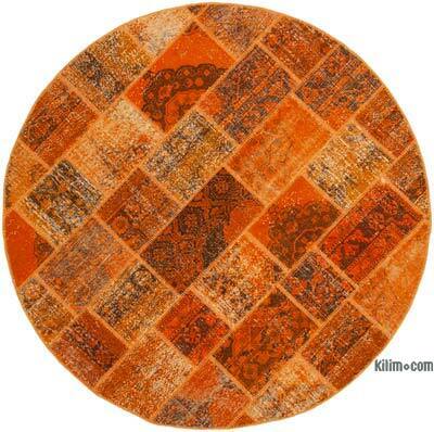 Orange Round Patchwork Hand-Knotted Turkish Rug - 6' 7" x 6' 7" (79" x 79")