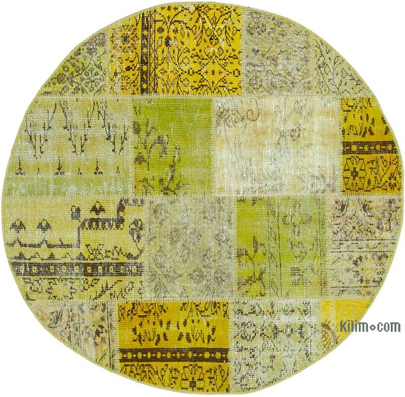 Yellow Round Patchwork Hand-Knotted Turkish Rug - 4' 10" x 4' 10" (58" x 58") - K0039506