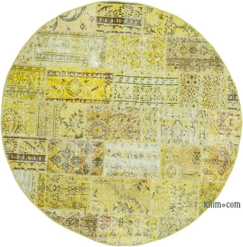 Yellow Round Patchwork Hand-Knotted Turkish Rug - 6' 5" x 6' 5" (77" x 77") - K0039511