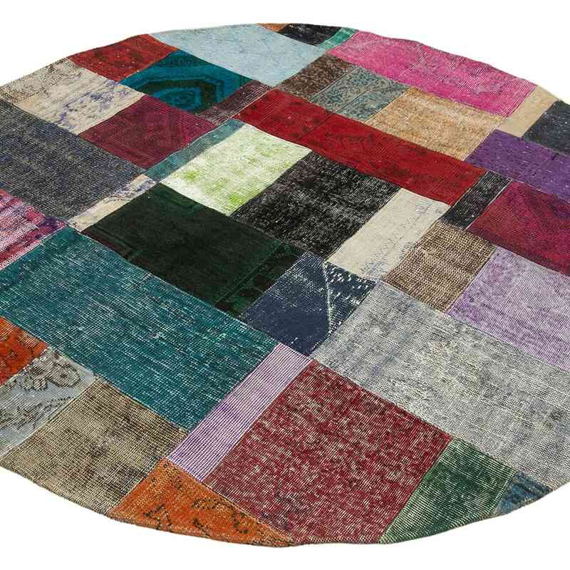 Multicolor Round Patchwork Hand-Knotted Turkish Rug - 6' 7" x 6' 7" (79" x 79") - K0039527