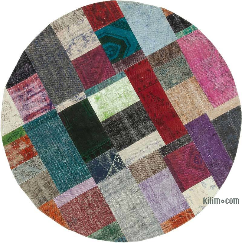 Multicolor Round Patchwork Hand-Knotted Turkish Rug - 6' 7" x 6' 7" (79" x 79") - K0039527
