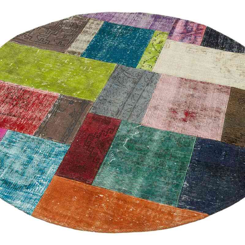 Multicolor Round Patchwork Hand-Knotted Turkish Rug - 4' 11" x 4' 11" (59" x 59") - K0039532