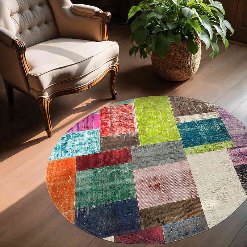 Multicolor Round Patchwork Hand-Knotted Turkish Rug - 4' 11" x 4' 11" (59" x 59") - K0039532