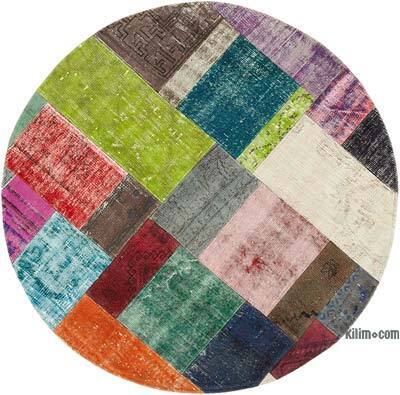 Multicolor Round Patchwork Hand-Knotted Turkish Rug - 4' 11" x 4' 11" (59" x 59")