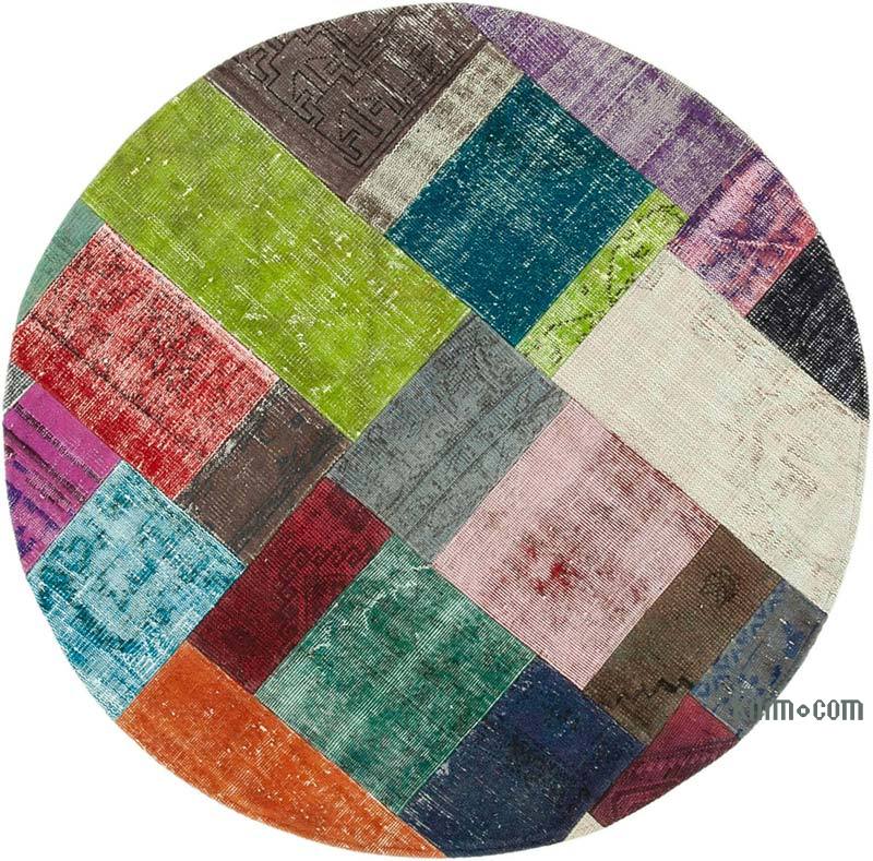 Multicolor Round Patchwork Hand-Knotted Turkish Rug - 4' 11" x 4' 11" (59" x 59") - K0039532