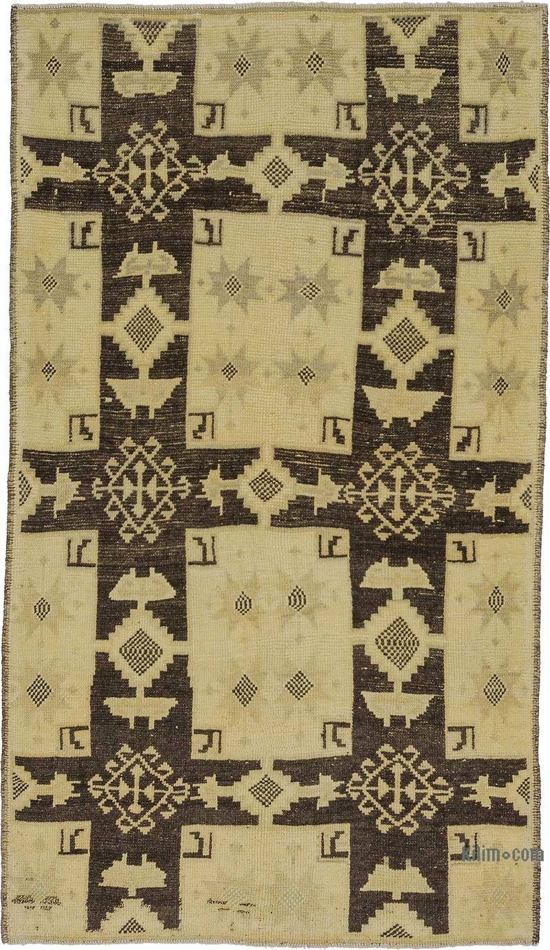 Beige, Brown All Wool Hand-Knotted Vintage Turkish Rug - 3' 6" x 6' 2" (42" x 74") - K0039855
