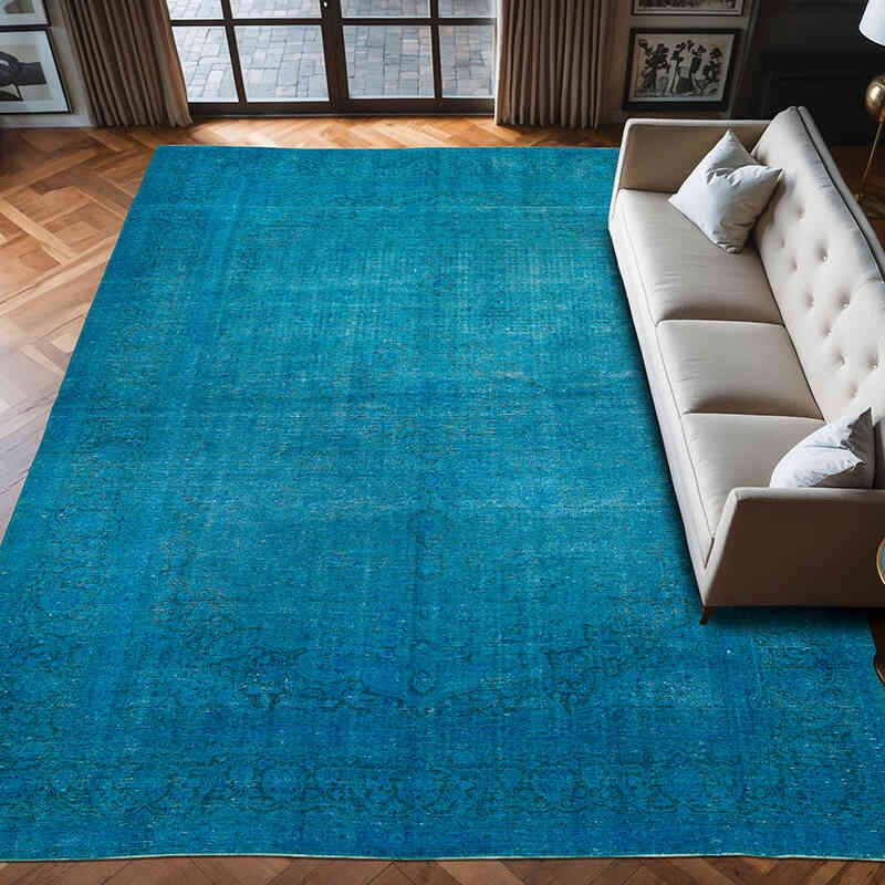 Mavi-Yeşil Boyalı El Dokuma Vintage Halı - 306 cm x 403 cm - K0041209