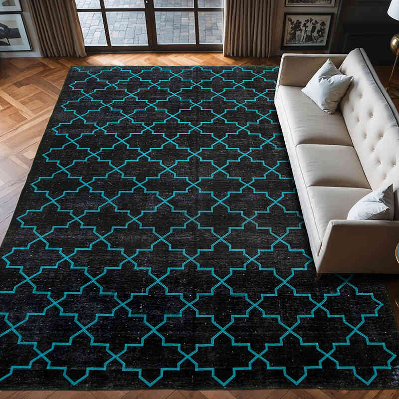 Siyah İşlemeli ve Boyalı El Dokuma Vintage Halı - 283 cm x 385 cm - K0042722